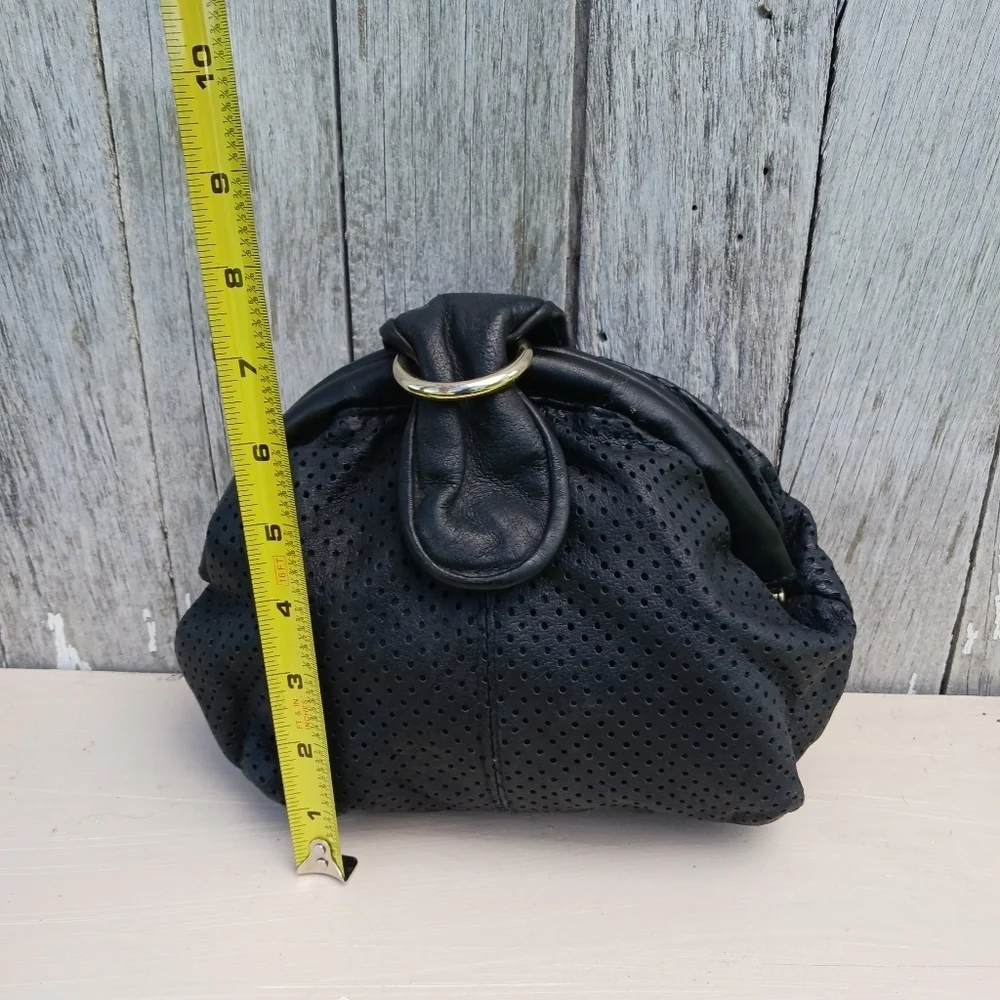 Vintage Perforated‎ Leather Black Clutch Purse Magnet Closure